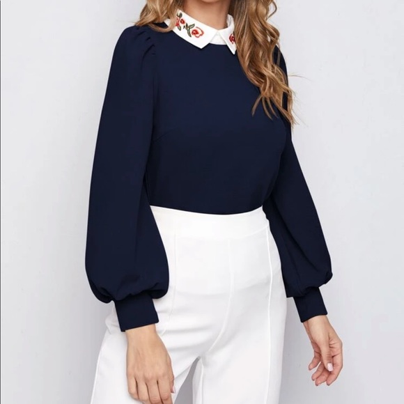 Embroidered collar lantern sleeve blouse - Picture 5 of 15